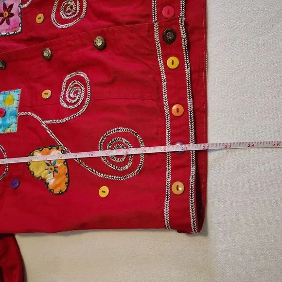 Vintage Applique Jacket Womens Mediun Wearable Art Red Patchwork Buttons - Picture 6 of 7